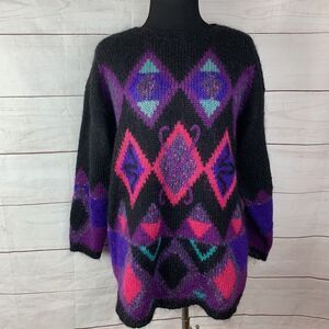 Wool Mohair geometric sweater Medium 8 10 Pullover Black Purple Pink Retro Disco
